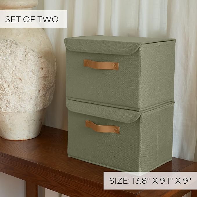 ZICOTO Decorative Linen Storage Boxes with Lids - Large Set of 2 Organizer Bins for Your Home Decor - The Perfect Container to Safely Store Photos, Documents and Memory Box Keepsakes in Style