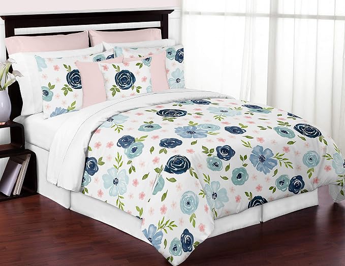 Sweet Jojo Designs Navy Blue Watercolor Floral Girl Small Fabric Toy Bin Storage Box Chest For Baby Nursery or Kids Room - Blush Pink, Green and White Shabby Chic Rose Flower