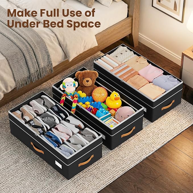 Budding Joy Under Bed Storage with Wheels 2Pack, 80L- Height Adjustable Underbed Containers with Clear Lids, Rolling Under Bed Shoe Storage Organizer for Dorm Home Clothes, Blankets, Toys, Black