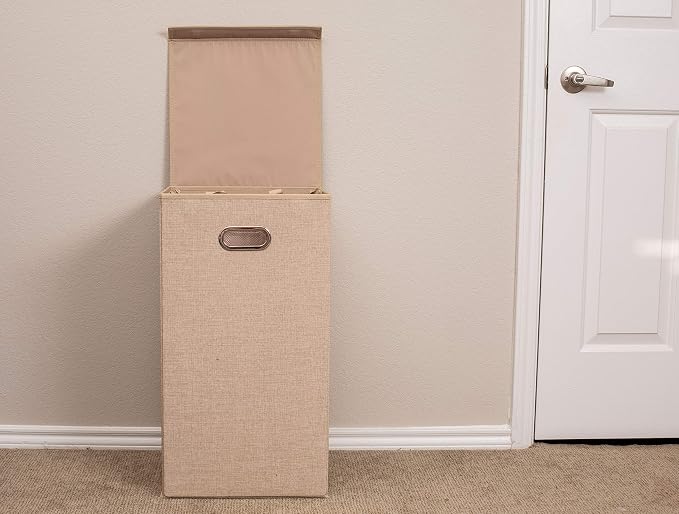 BIRDROCK HOME Single Laundry Hamper with Lid and Removable Liner | Linen | Easily Transport Laundry | Foldable Hamper | Cut Out Handles