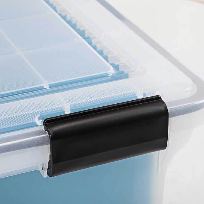 IRIS USA WeatherPro Storage File Box, 32 Qt. 6-Pack, Clear/Black | Protect files, documents and important records with weather resistant storage, secure latches and stackable organization