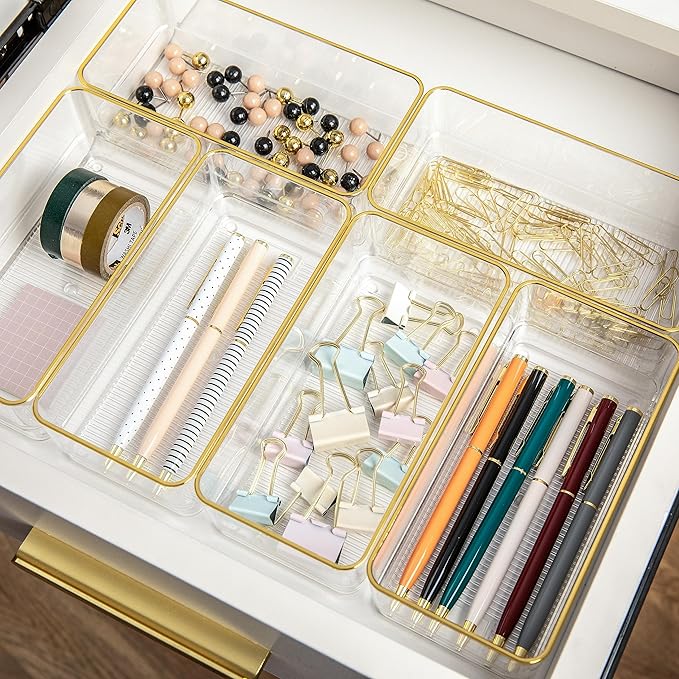 Martha Stewart Kerry Plastic Stackable Office Desk Drawer Organizers, 6" x 3", 6 Pack, with Gold Trim