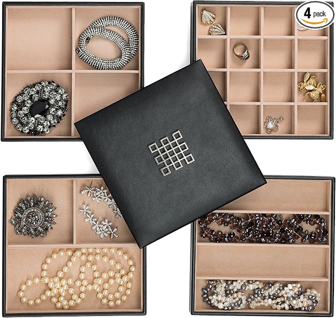 Glenor Co Jewelry Organizer Tray - 4 Stackable Trays & Lid with Mirror - 27 Slot Storage for Drawer, Dresser - Black