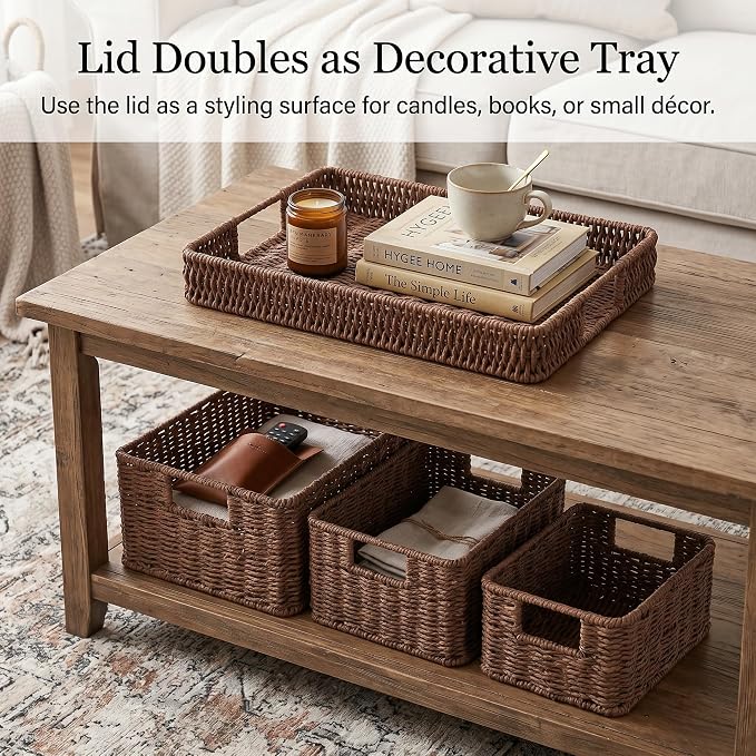 Wicker Storage Basket with Lid - Woven Basket for Storage,Rectangular Decorative Boxes Bins with Lids for Shelves,living room, Nursery, 3 baskets+1 lids(Dark Brown)