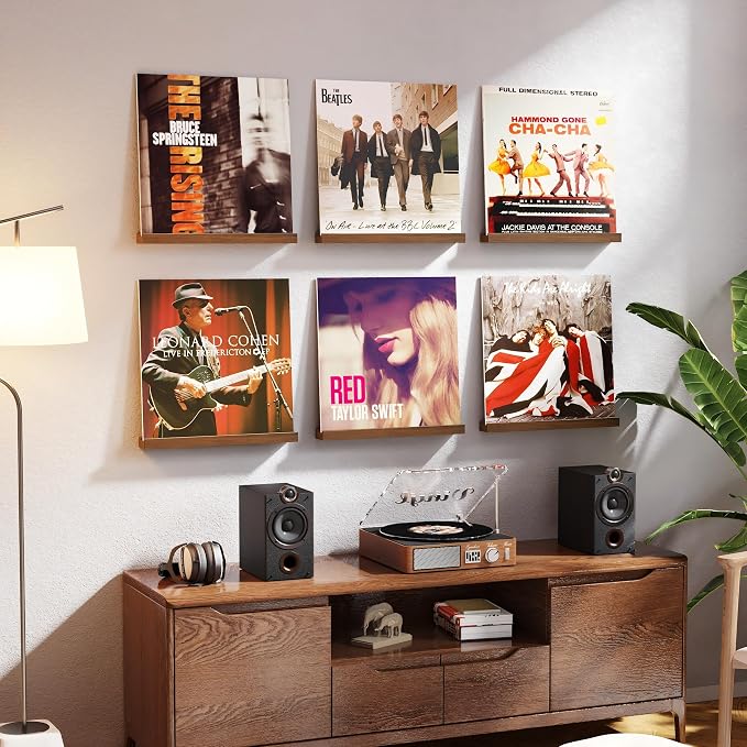 Emfogo Vinyl Record Shelf Wall Mount, 6 Pack Album Record Holder Wall, 12 inch Vinyl Record Storage Shelves Wall, Wood Record Display for Living Room (Walnut)