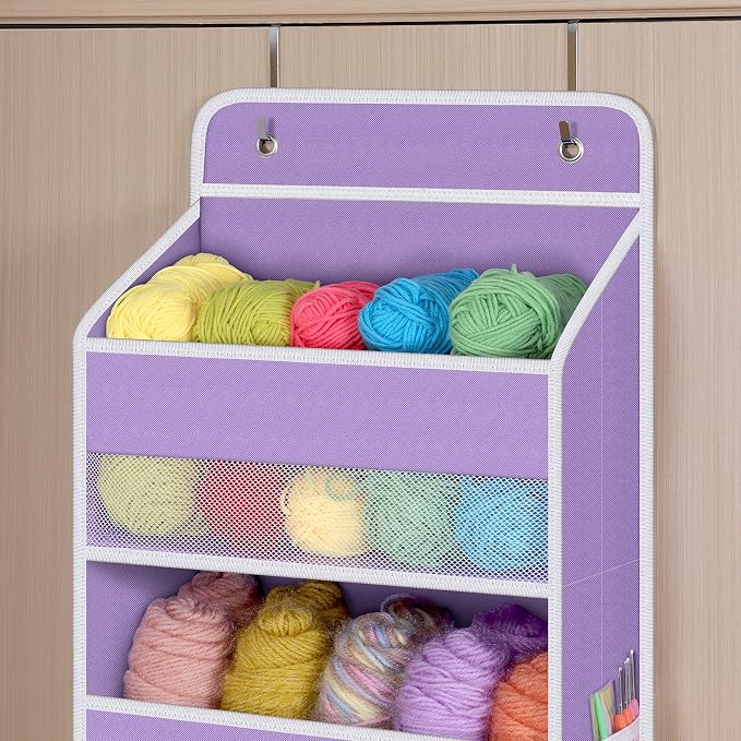 Univivi 5-Shelf Over The Door Hanging Organizer, Back of Door Organizer With 5 Compartments 6 Side Pockets for Baby Bedroom and Bathroom Storage (Purple)
