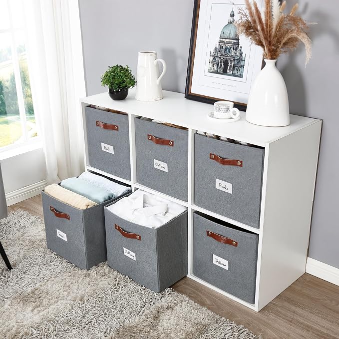 DECOMOMO Storage Bins, Storage Baskets for Shelves | 13" x 15" x 13" Storage Cube Bins with Labels for Organizing Shelves (Kallax, 4pcs, Texture Grey)