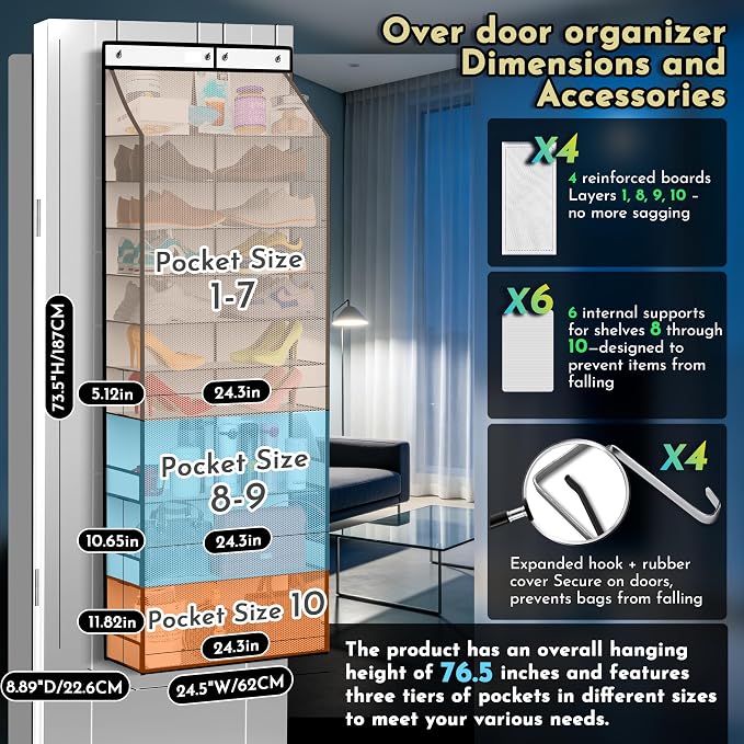 PAULONE Over the Door Organizer Heavy Duty – 96 Lbs Capacity 20 Pair Shoe Rack with Multi-Size Pockets Fits Tall Boots up to 11.8", Breathable Mesh, Metal Hooks – Also for Bags, Toys, Toiletries