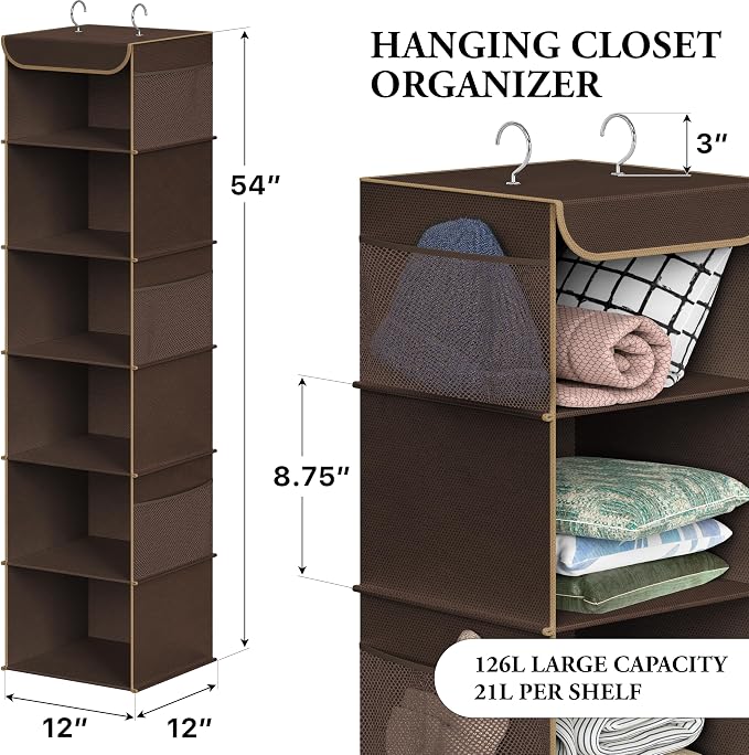 Simple Houseware 6 Shelf Hanging Closet Organizer, Brown