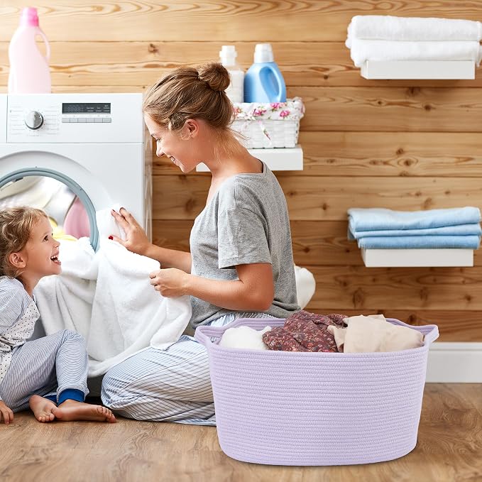 XUANGUO Large Rectangle Blankets Basket Living Room 22"x17"x12" Woven Cotton Rope Storage Baskets for Nursery Toy Basket for Kids Wicker Laundry Baskets Bin for Clothes Towels purple or Lavendor