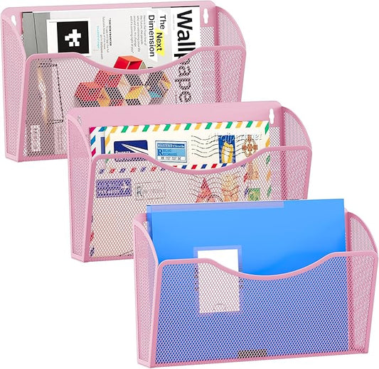 EasyPAG Wall File Organizer 3 Pack, Hanging File Organizer Wall Mount, Metal Mesh Folder Holder for Letter/A4 Papers, Mail Sorter for Office, Classroom, Home, Pink