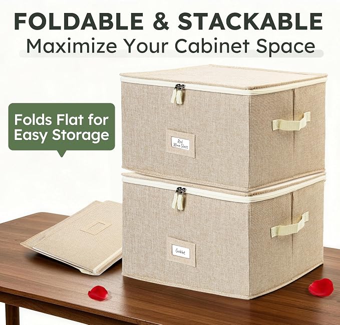LotFancy Stemware Storage Container for Moving, Hard Shell, Stackable Wine Glass Storage Box with Dividers & Handles, Crystal Glassware, Champagne Flute, Drinkware Case, Beige