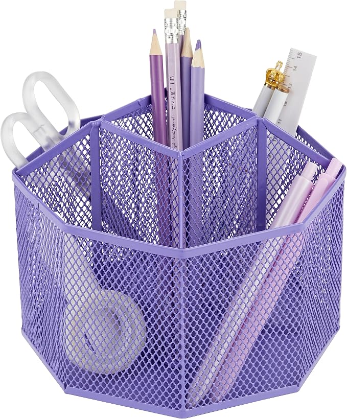Annova Mesh Desk Organizer Rotate with 5 Compartments Spinning Tidy Candy/Pen Holder Office, Art Supply, Storage, Classroom, Home (Purple)