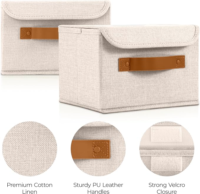 Decorative Linen Storage Boxes with Lids - Spacious Set of 2 Organizer Bins for Your Home Decor - The Perfect Small Container to Safely Store Photos, Documents and Memory Box Keepsakes in Style