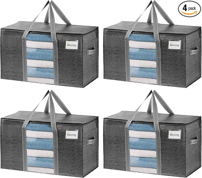 VENO 4 Pack Moving Bags with Clear Window, Heavy Duty Storage Bins with Lid, Around Handles, Tag, Zippers, Extra Large Totes Packing Moving Boxes Supplies for College Dorm Clothes (Dark Gray)