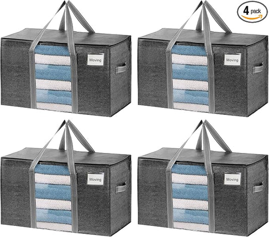 VENO 4 Pack Moving Bags with Clear Window, Heavy Duty Storage Bins with Lid, Around Handles, Tag, Zippers, Extra Large Totes Packing Moving Boxes Supplies for College Dorm Clothes (Dark Gray)