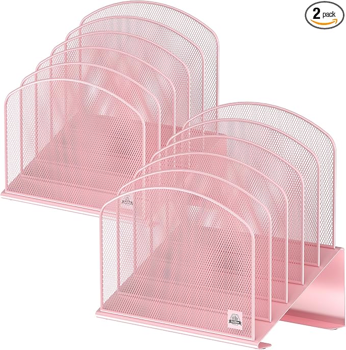 Delifox Inclined Desk File Organizer,Vertical File Folder Holder Stand Metal Rack File Sorter for Office Classroom Desktop Organization (2, Pink, 5)