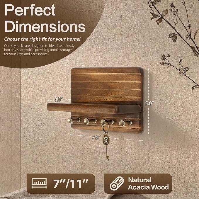 Rebee Vision Acacia Wooden Key Holder Wall Mount for Home Decor – Mini 7-inch Key Holder for Wall with 4 Sturdy Hooks & Floating Shelf - Ideal for Home Improvement (Acacia)
