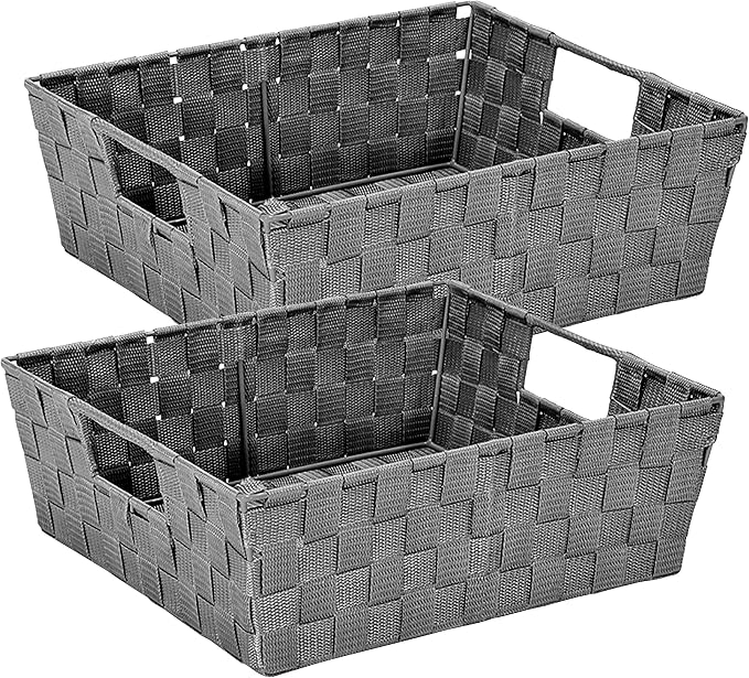 Simplify 2 Pack Large Storage Shelf Totes with Woven Strap in Grey | Decorative | Baskets | Organization | Accessories | Drawer | Desk | Closet | Bathroom | Bedroom | Nursery | Toys | Gifts