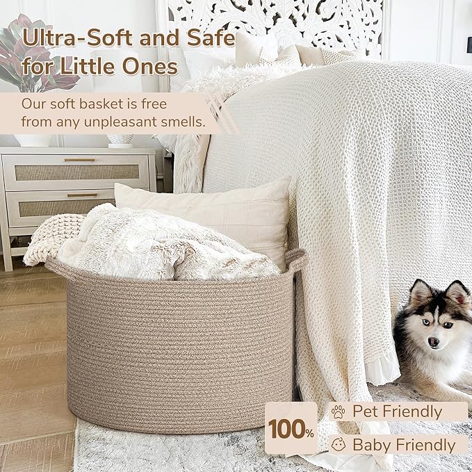 INDRESSME Large Blanket Basket Woven Cotton Rope Basket 65L with Handles, Toy Storage Basket for Living Room Bedroom Nursery, Laundry Hamper for Clothes Towels, Wicker Blanket Home Décor Brown