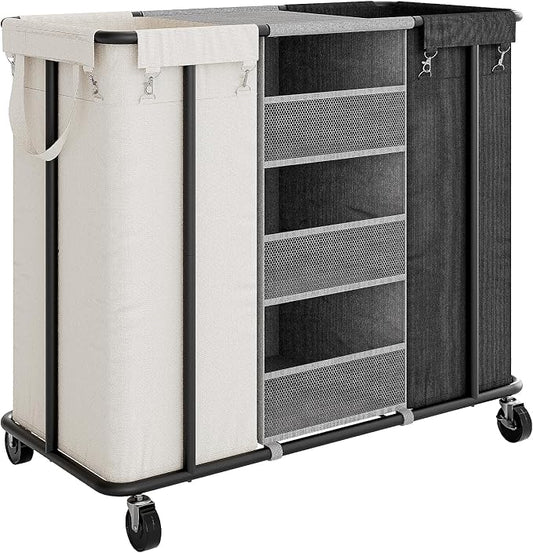 WOWLIVE Laundry Sorter 2 Section, 200L Rolling Laundry Hamper with Wheels | Laundry Cart with Steel Frame, Laundry Basket with Hanging and Removable Bag, Storage Unit Basket Organizer for Dorm