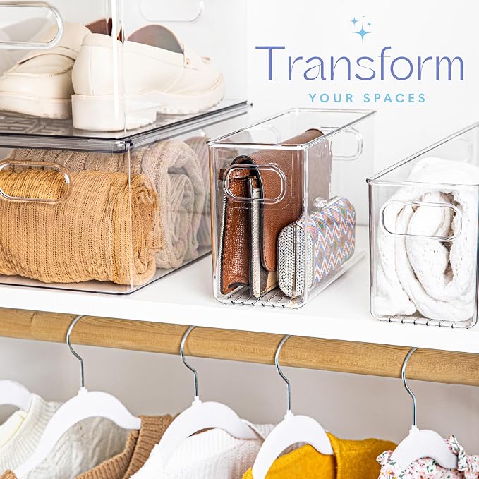 Plastic Food Storage 4 Pack Clear Container Bin with Handles for Organizing Kitchen, Pantry, Refrigerator, Freezer, Pantry, Cabinet, Closet, Bathroom. 10”x4”x6”