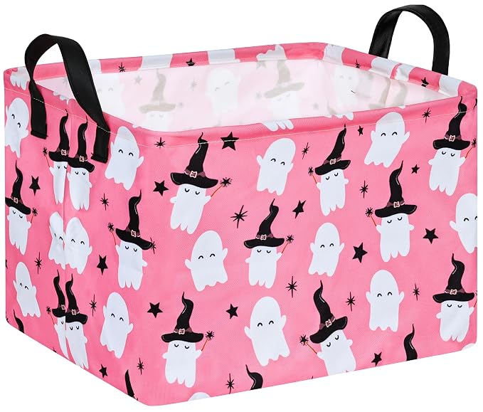 Halloween Ghost Storage Basket with Handles Pink Open Gifts&Candy Spooky Basket stuffers for Kids Baby Collapsible Women Organizer Bins Toys Boxes for Shelves Home Office