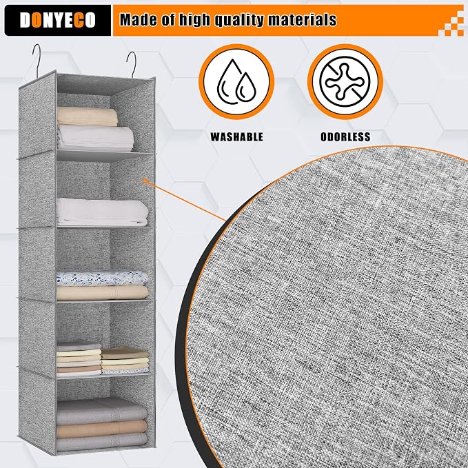 Hanging Closet Organizer 5-Shelf, Oxford Linen Wardrobe Storage, Gray | Easy-mount foldable design holds clothes, handbags, shoes & accessories; washable Oxford fabric, sturdy and space-saving.