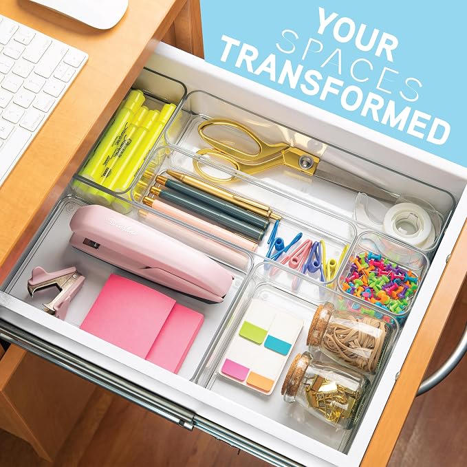primebox Plastic Clear Acrylic Drawer Organizers. Bathroom, Kitchen, Bedroom, Utensils, Office Organizer Bins, Storage Trays. Heavy Duty, Stackable. 3" x 3" x 2" Set of 6