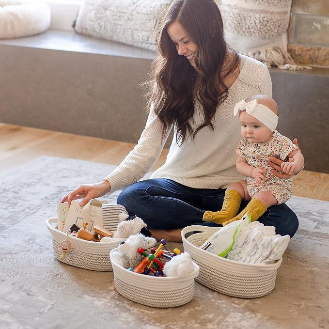 NaturalCozy 3-Piece Oval Storage Basket Set– Cotton Rope Woven Baskets for Storage, Gift Basket Empty, Toy Basket, Soft Baby Basket for Nursery, Cat Dog Toy Baskets, Small Basket (Black Stitching)