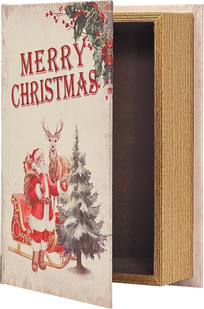 PACOLO Decorative Book Boxes, Faux Wood cover Storage for Hidden Jewelry, Money, and Cash (Merry Christmas)