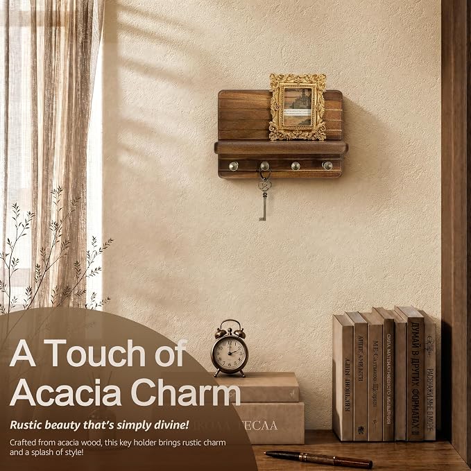 Rebee Vision Acacia Wooden Key Holder Wall Mount for Home Decor – Mini 7-inch Key Holder for Wall with 4 Sturdy Hooks & Floating Shelf - Ideal for Home Improvement (Acacia)