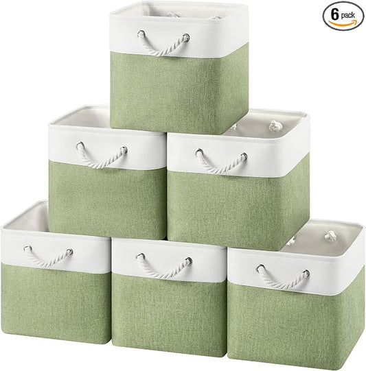 12x12 Storage Cube Bins, 6 Pack Reinforced Bottom Cardboard Foldable Box, Organizer for Closet Shelves, Heavy Home Storage Baskets (White Green)