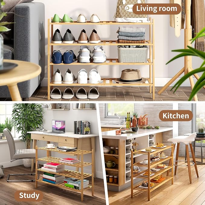 Bamboo Shoe Rack Stackable Shoe Shelf Storage Organizer for Unit Entryway Hallway and Closet Sturdy Freestanding Shoe Shelf (4L Tier Natural)