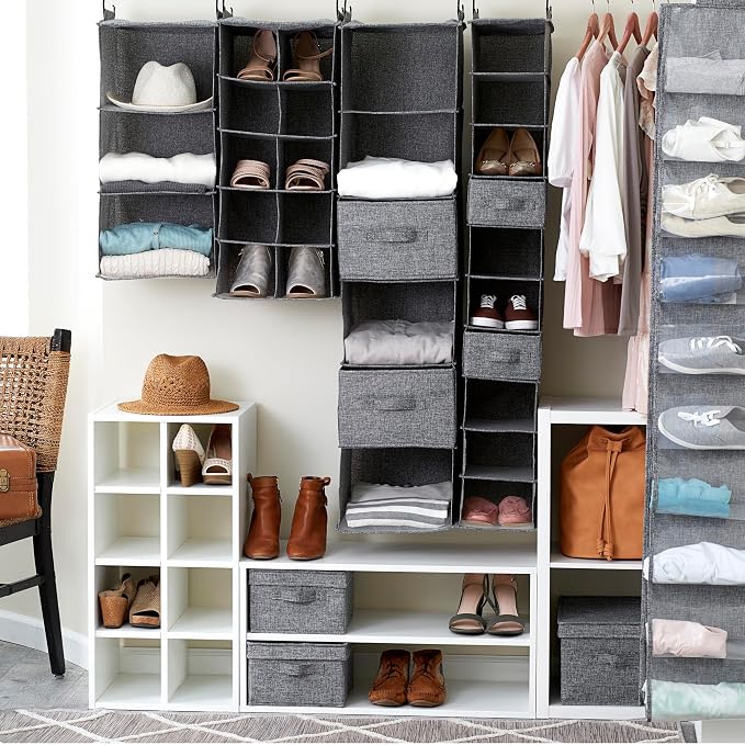 Household Essentials 6 Shelf Hanging Closet Organizer, Hanging Closet Shelf, Fabric Poly Linen and PEVA Shelving