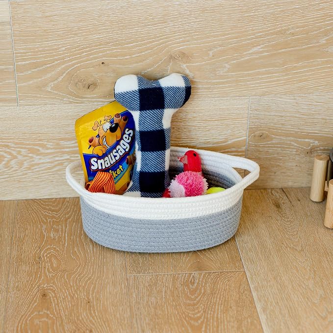 NaturalCozy 3-Piece Oval Storage Basket Set– Cotton Rope Woven Baskets for Storage, Gift Basket Empty, Toy Basket, Soft Baby Basket for Nursery, Cat Dog Toy Baskets, Small Basket (Off White & Gray)