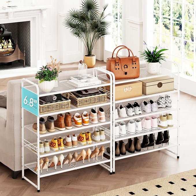 SUFAUY 5-Tier Mesh Shoe Rack, Closet Metal 33" Wide Shoe Shelf Heavy Duty, White