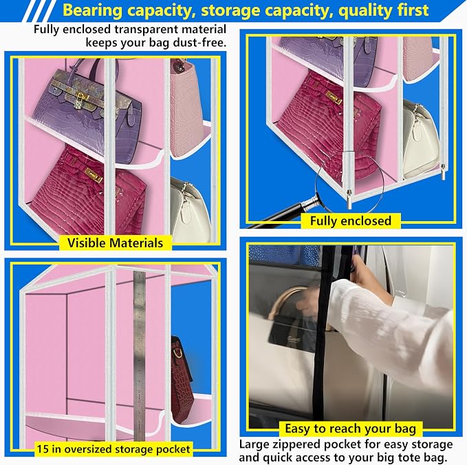 Purse Organizer for Closet, with Zippered-Dustproof, Purse Organizer, Designed for Oversized Wallets & Holds 8-16 Purses, Hanging Purse Organizer for Closet, Pink-Purse Storage