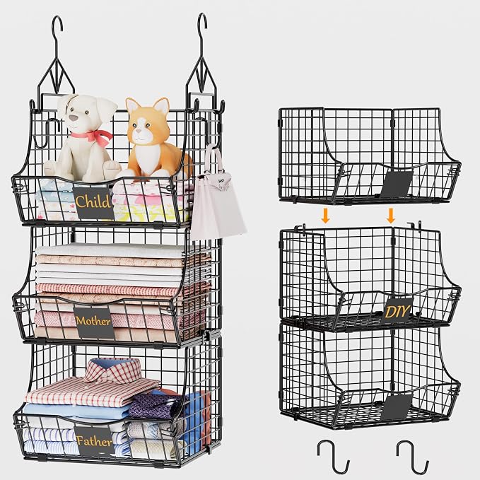 Hanging Closet Organizers and Storage, 5 Tier Closet Shelf Clothes Organizer with 2 S-Hooks, Multi-Functional Iron Wire Baskets, for Clothing, Sweaters, Handbags, Hat, Canned