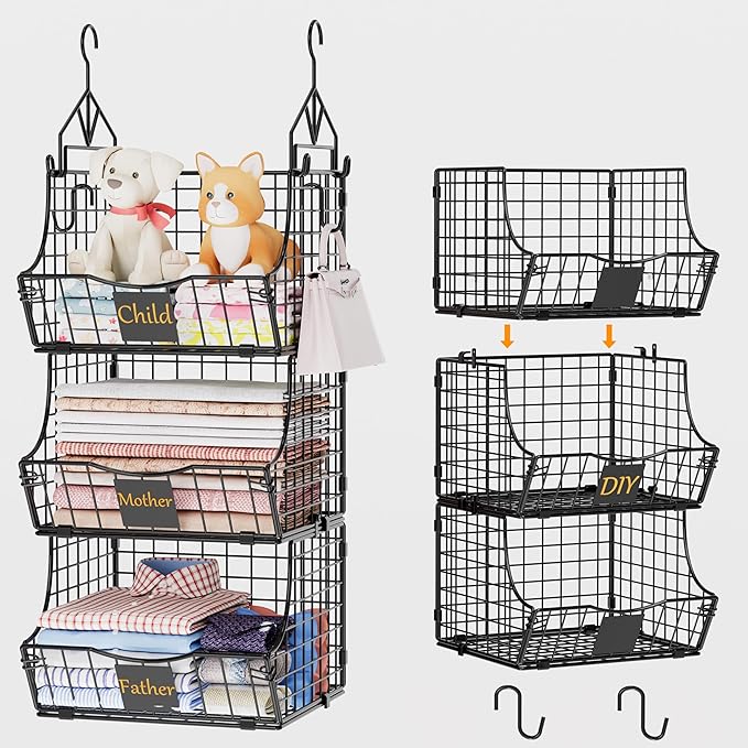 Hanging Closet Organizers and Storage, 3 Tier Closet Shelf Clothes Organizer with 2 S-Hooks, Multi-Functional Iron Wire Baskets, for Clothing, Sweaters, Handbags, Hat, Canned