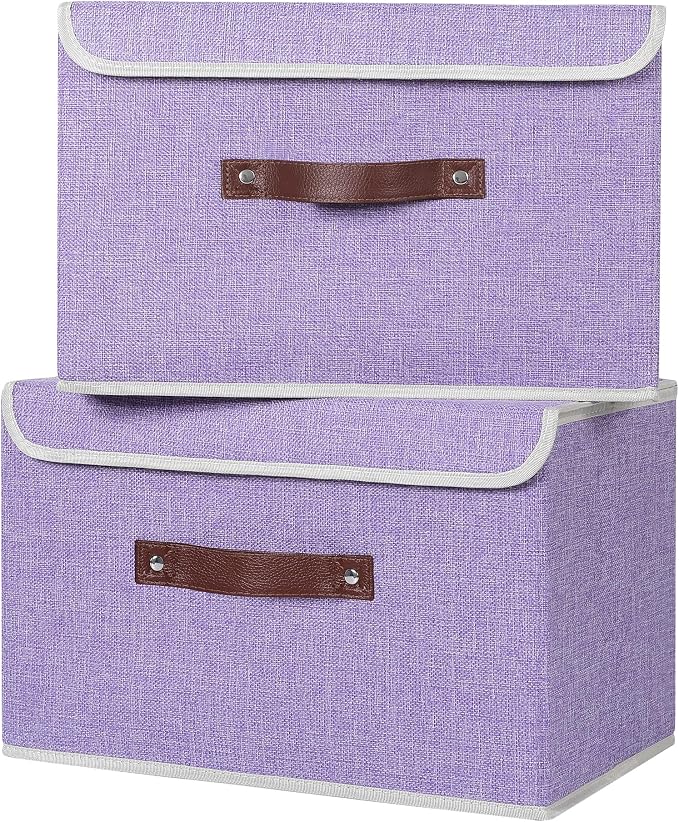ANMINY Storage Bin with Lid Storage Boxes with PU Leather Handles PP Plastic Board Decorative Foldable Lidded Cotton Linen Fabric Home Cubes Baskets Closet Organizer Container - Purple, Medium