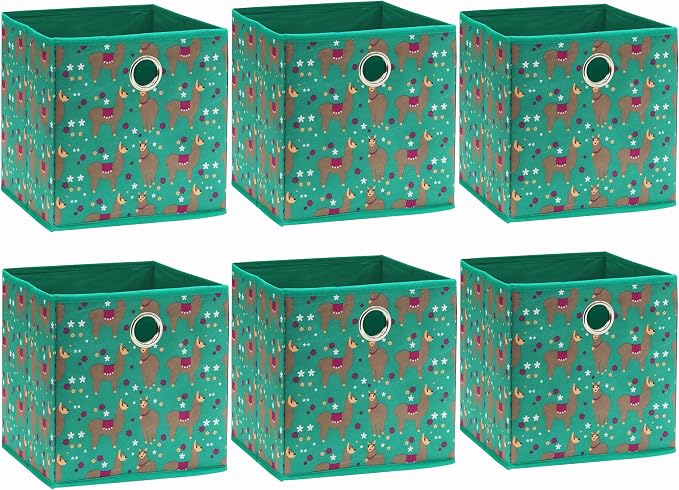 Simple Houseware 10-Inch Collapsible Fabric Cube Storage Bin with Handles, Printed Design, 6 Pack, Green