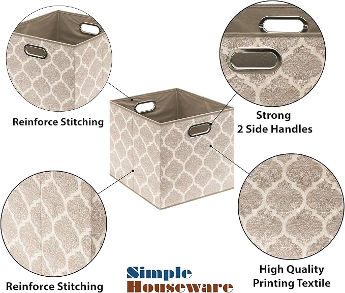 Simple Houseware 13-Inch Collapsible Fabric Cube Storage Bin with Handles, Printed Design, 3 Pack, Beige