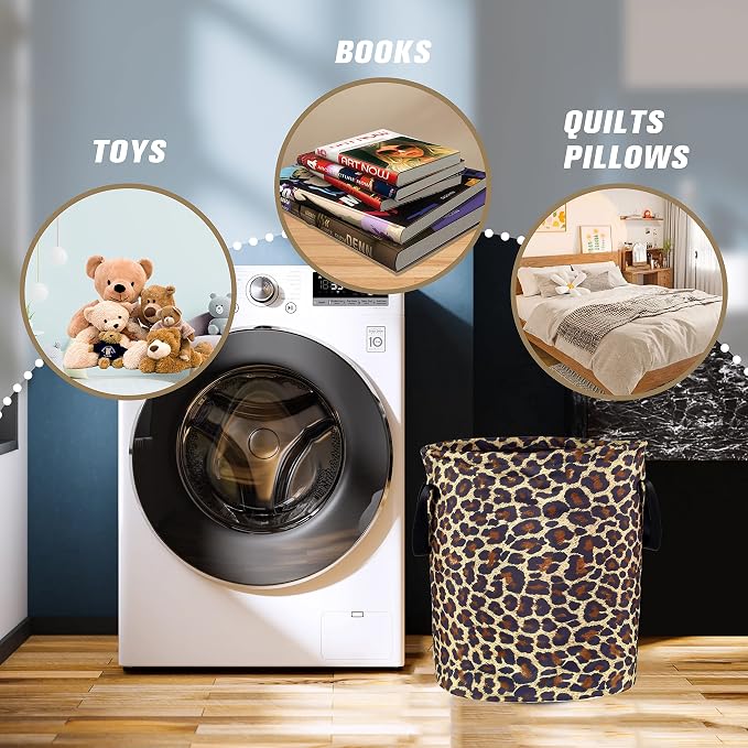 Brown Leopard Laundry Basket Foldable Oxford Cloth Funny Tote Bag Laundry Hamper Clothes Storage Bucket Organizer For Bathroom/Laundry Storage/Bedroom Storage Basket 18.9x16.5 Inch