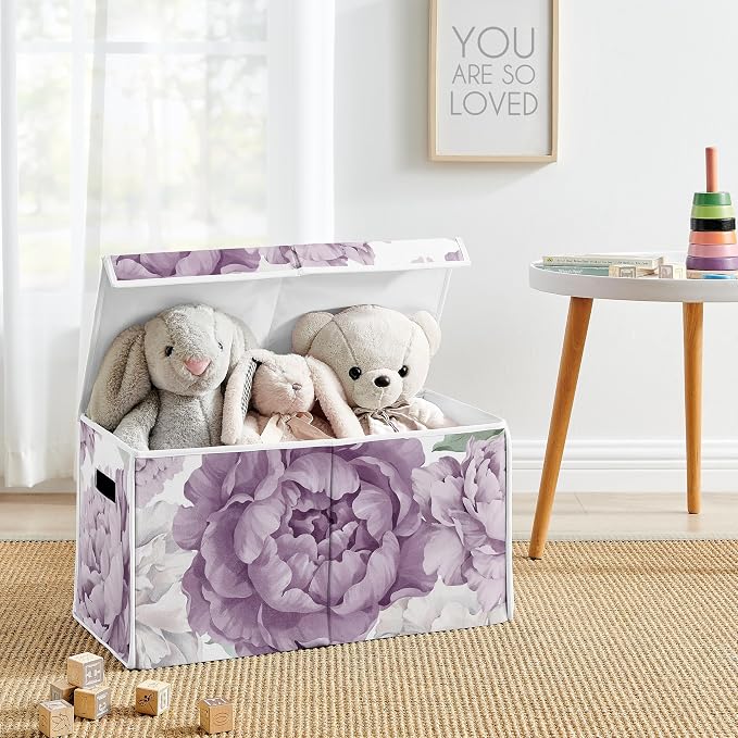 Sweet Jojo Designs Lavender Purple Boho Shabby Chic Floral Girl Collapsible Toy Storage Box Chest Organizer with Lid for Baby Nursery Kid Childrens Room Ivory Bohemian Vintage Garden Watercolor Nature