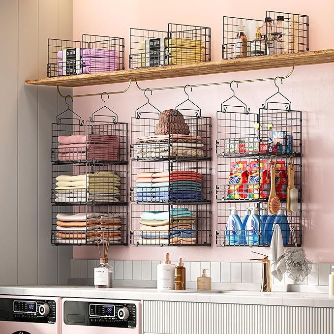 Sonyabecca 3-Tier Hanging Closet Organizers and Storage, Foldable Stackable Wire Basket Bins with 5 S Hooks, Space-Saving Hanging Closet Shelf for Clothing, Sweaters, Handbags, Hats,Purse