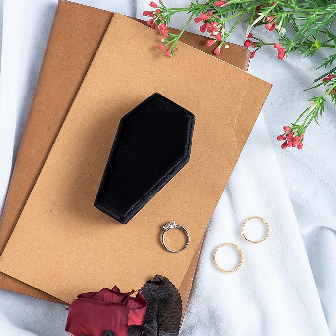 Velvet Coffin Ring Box Case Holder for Gothic Wedding Ceremony Jewelry Organizer Decorations (Black)