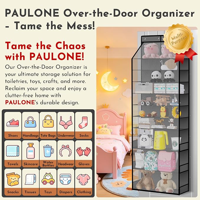 PAULONE Over the Door Organizer Heavy Duty – 96 Lbs Capacity 20 Pair Shoe Rack with Multi-Size Pockets Fits Tall Boots up to 11.8", Breathable Mesh, Metal Hooks – Also for Bags, Toys, Toiletries
