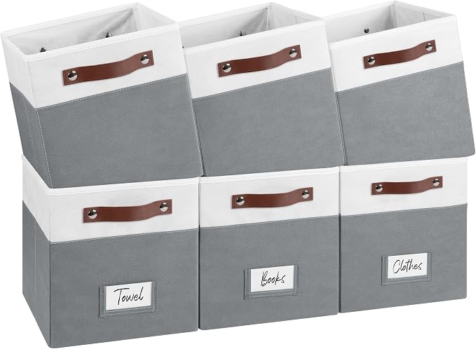 FinishingBo 6-Pack Storage Cubes with Handles & Label Holders Basket, Closet Cube Home Organizer Bins(White/Dark Grey, 10.5*10.5*11 inch)