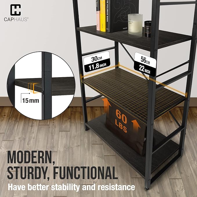 CAPHAUS 4 Tier Bookshelf, 24 Inch Width Free Standing Shelf, Bookcase Shelf Storage Organizer, Industrial Book Shelves for Home Office, Living Room, Kitchen, Black Vintage Shelves & Metal Frame